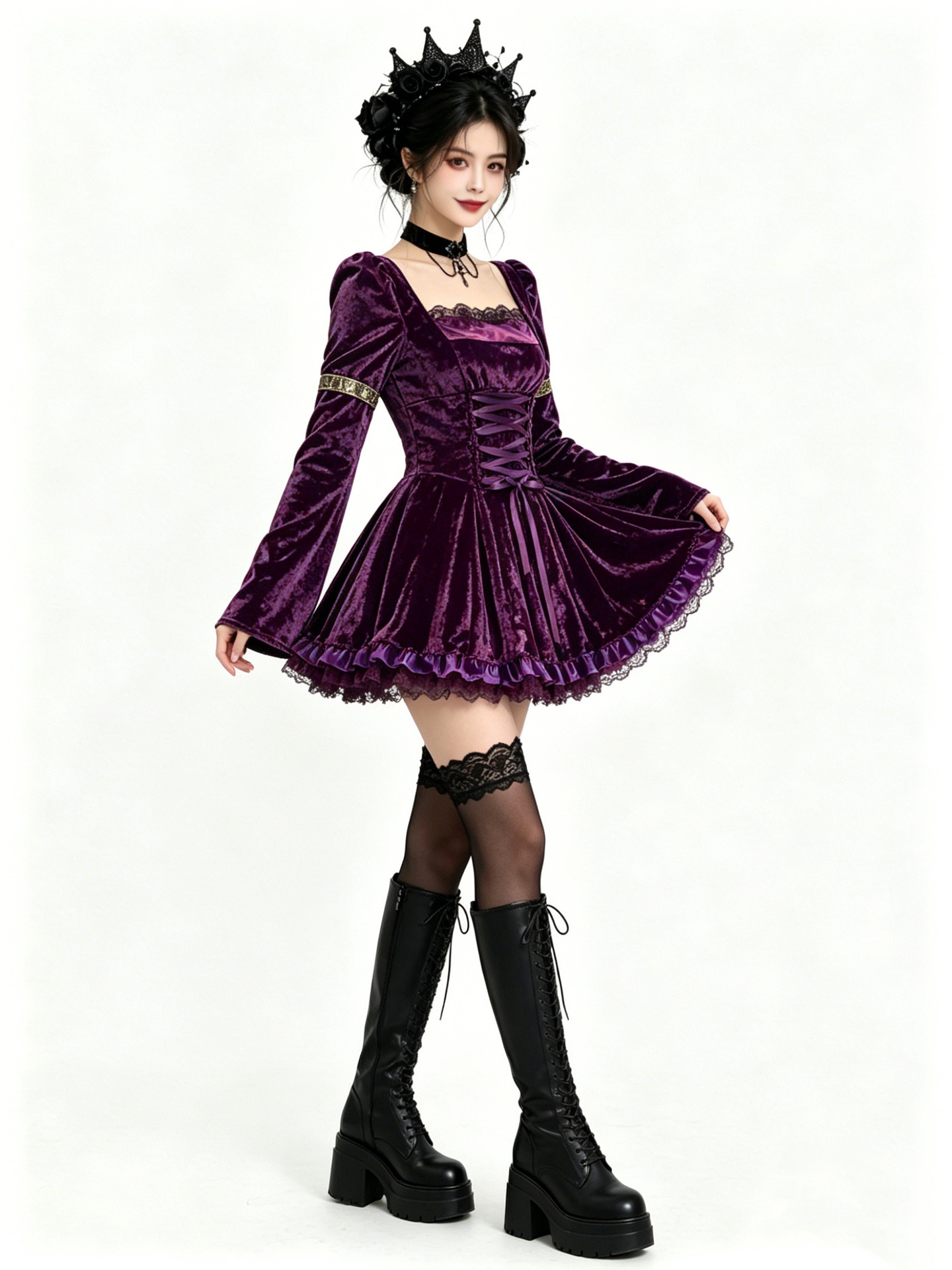 Gothic Vampire Mini Dress - Women Dark Lace Devil Costume